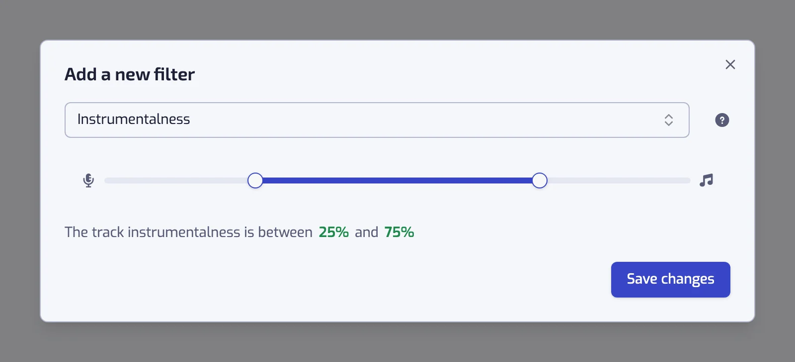 The Instrumentalness filter dialog with its two-handle slider
