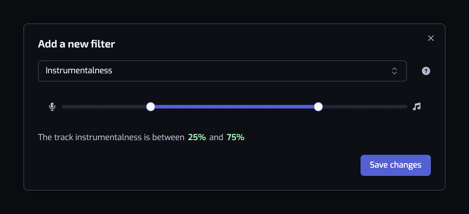The Instrumentalness filter dialog with its two-handle slider