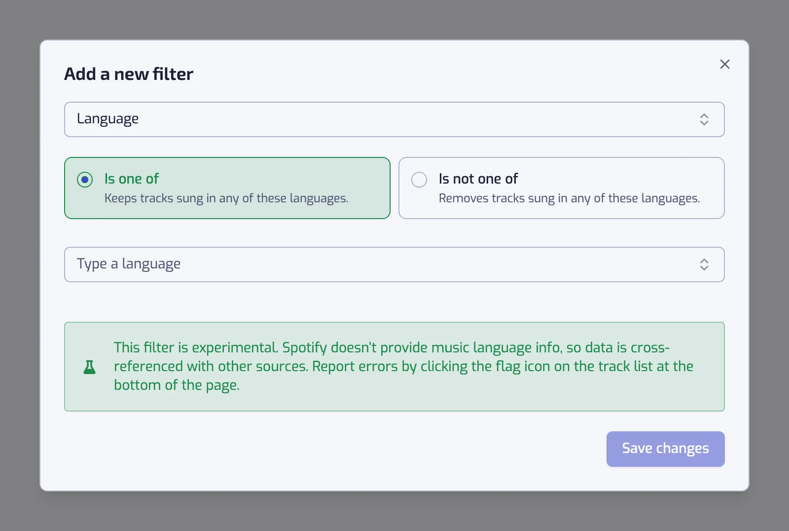 The Language filter dialog with the two operator cards, the language picker and the experimental notice