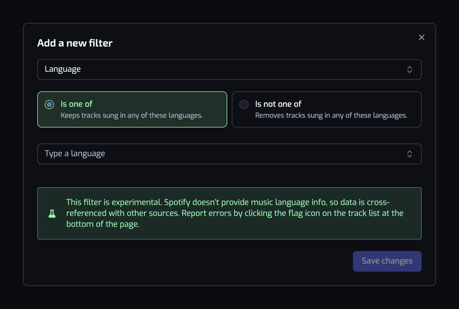 The Language filter dialog with the two operator cards, the language picker and the experimental notice