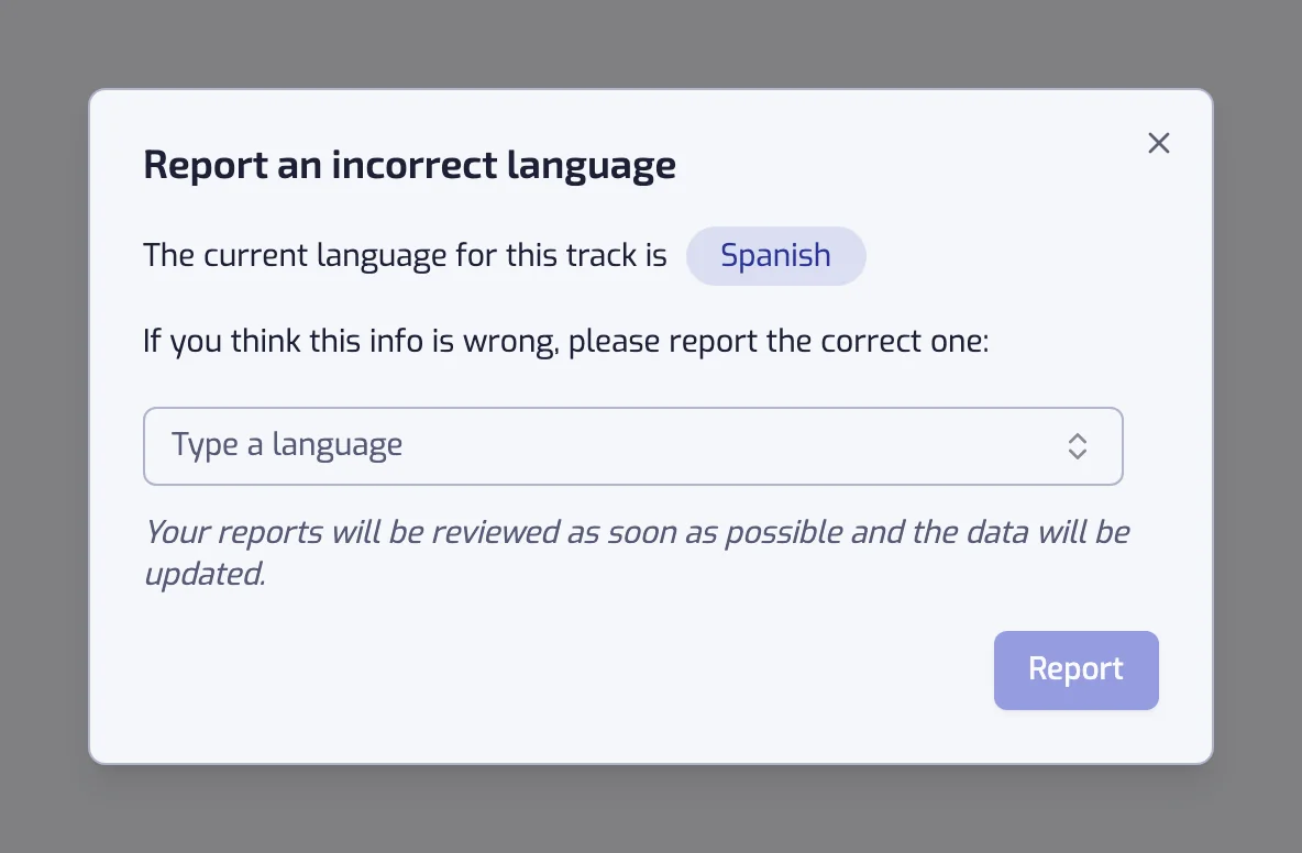 The Report an incorrect language dialog, with the current language and a picker for the right one