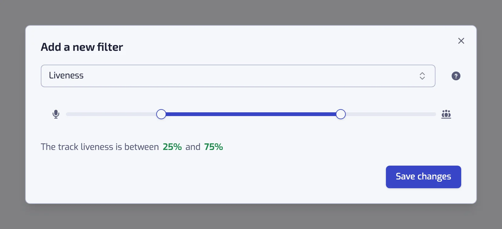 The Liveness filter dialog with its two-handle slider