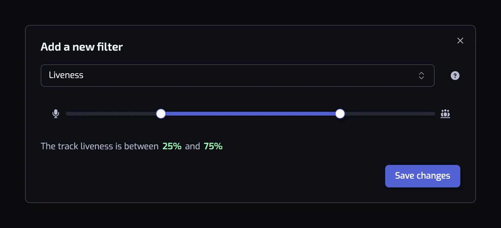 The Liveness filter dialog with its two-handle slider
