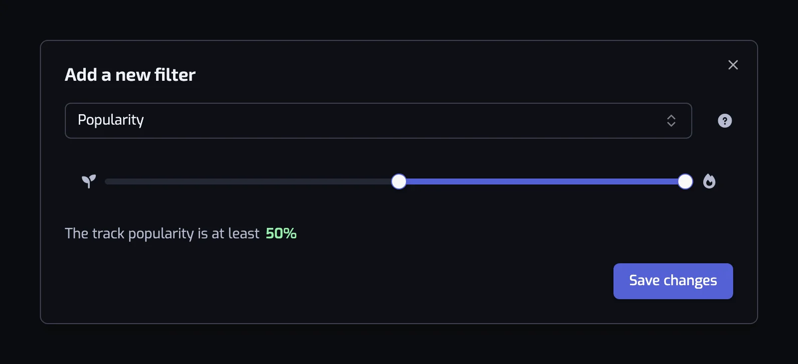 The Popularity filter dialog with its two-handle slider and the sentence below it