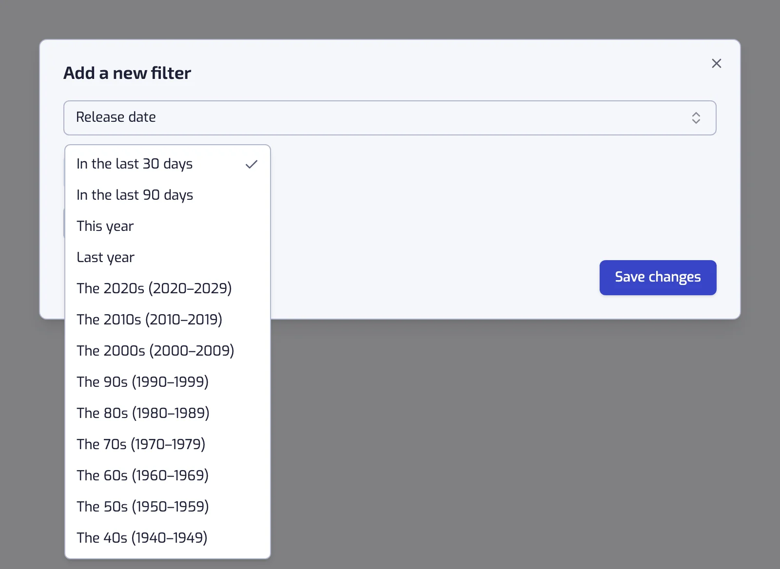The Release date filter dialog with the Quick pick list open on the decades
