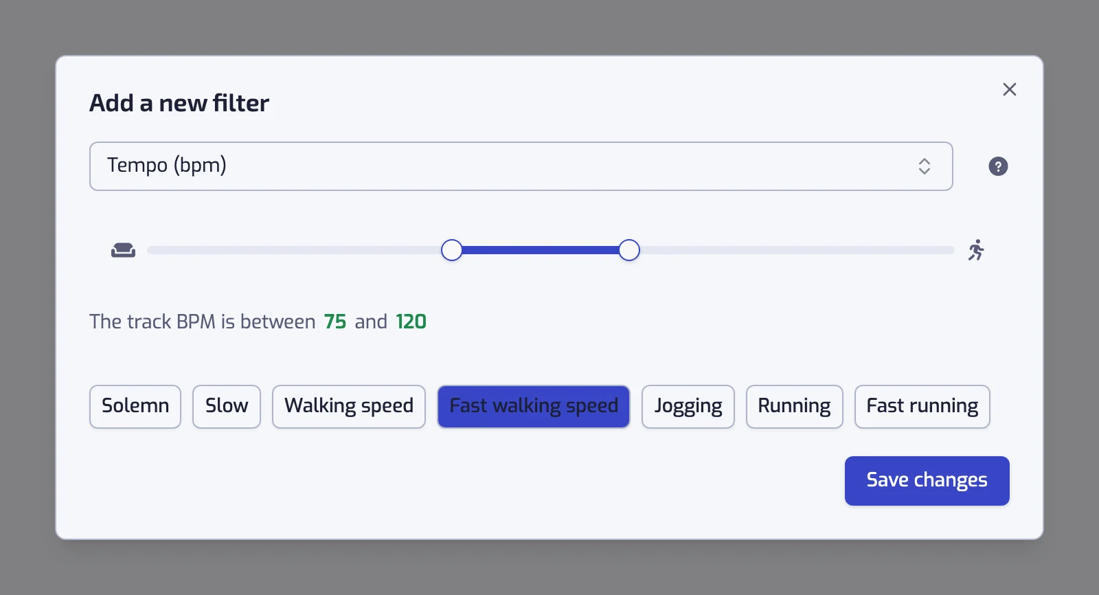 The Tempo filter dialog with its slider and the seven preset buttons from Solemn to Fast running