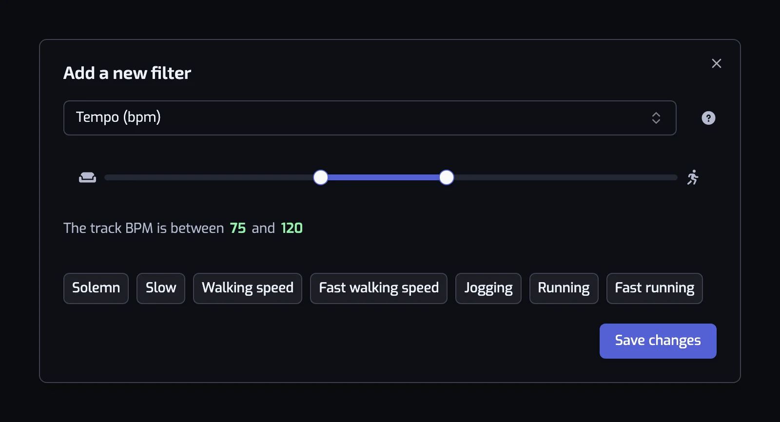 The Tempo filter dialog with its slider and the seven preset buttons from Solemn to Fast running