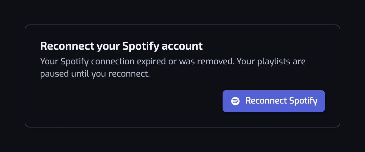 The Reconnect your Spotify account dialog, saying your playlists are paused until you reconnect, with a single Reconnect Spotify button
