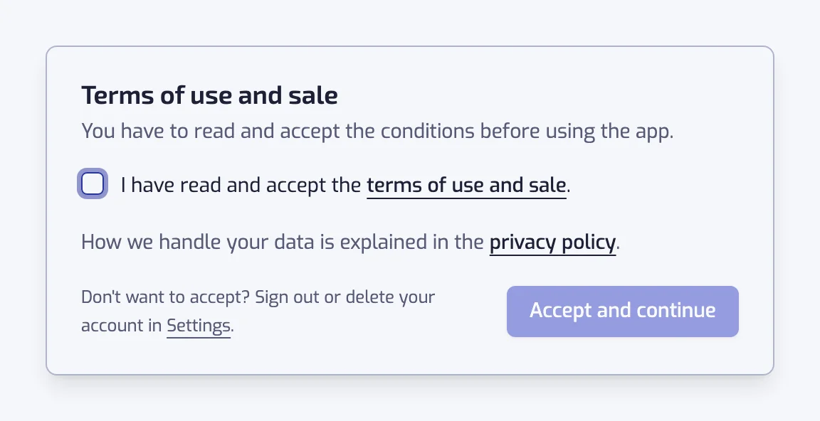 The Terms of use and sale dialog with the acceptance checkbox, the privacy policy link and the Accept and continue button