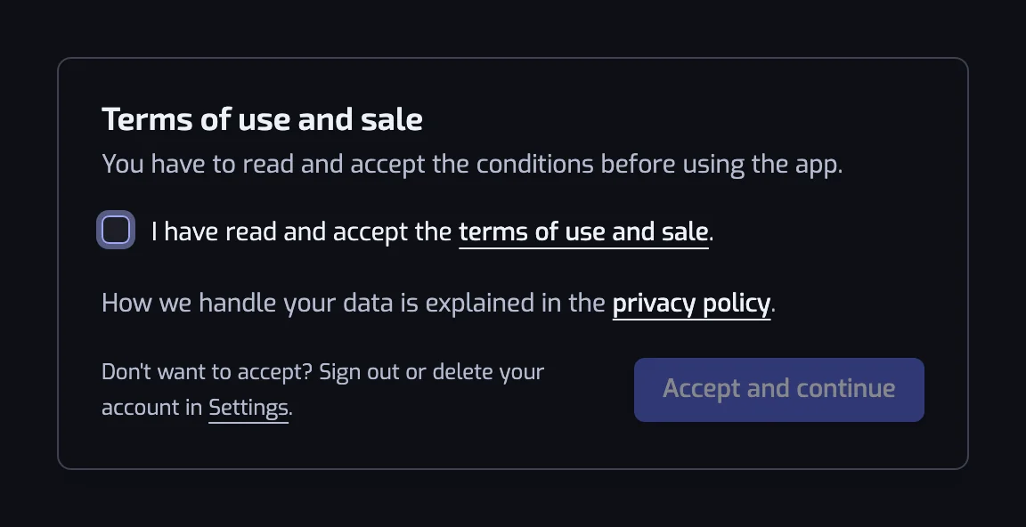 The Terms of use and sale dialog with the acceptance checkbox, the privacy policy link and the Accept and continue button