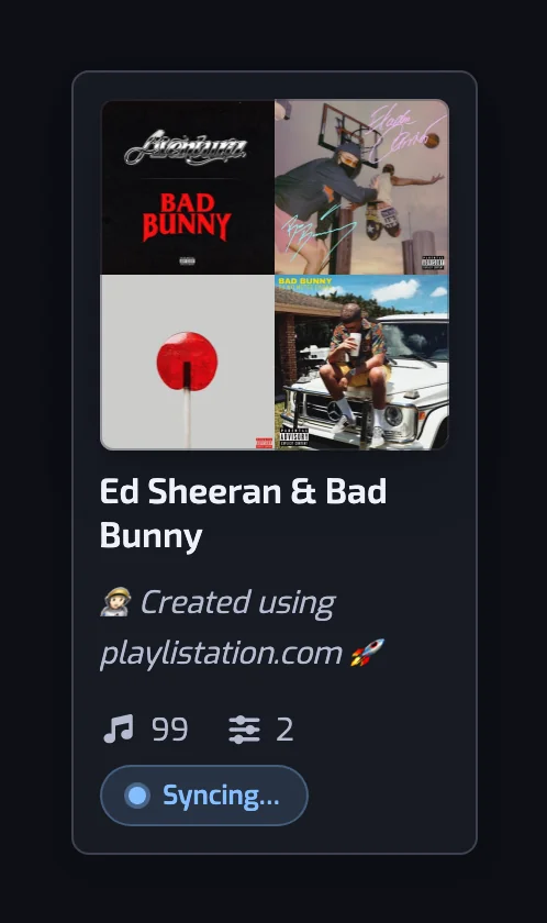 A playlist card showing the Syncing status pill next to its track count
