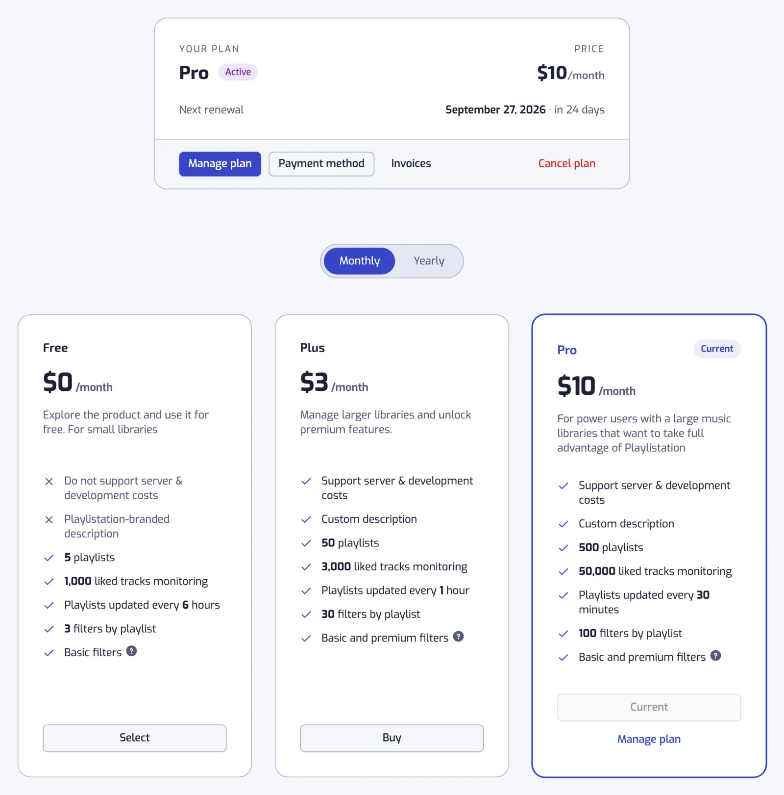 The Subscription page with the Monthly and Yearly toggle and the Free, Plus and Pro cards