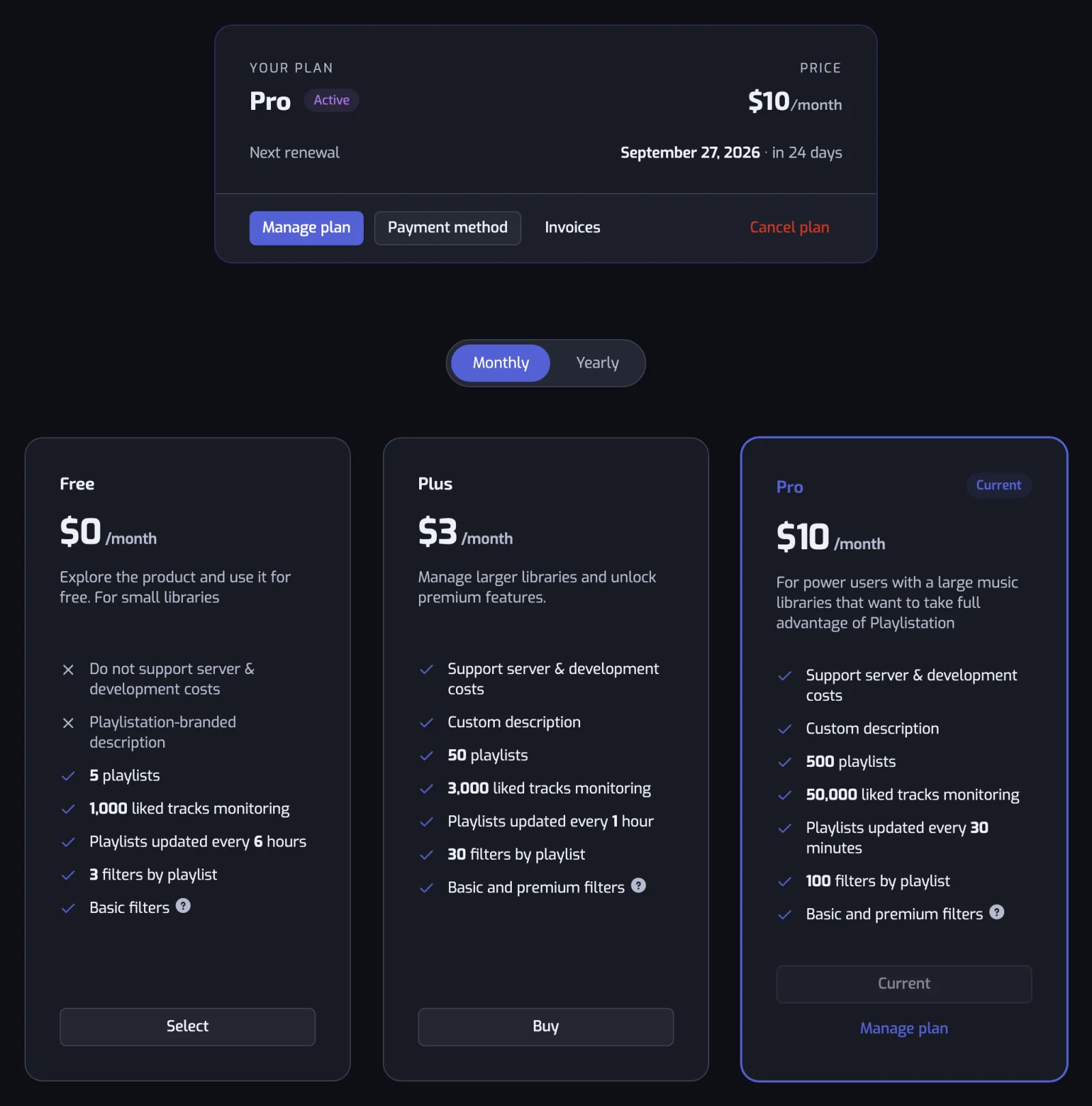 The Subscription page with the Monthly and Yearly toggle and the Free, Plus and Pro cards