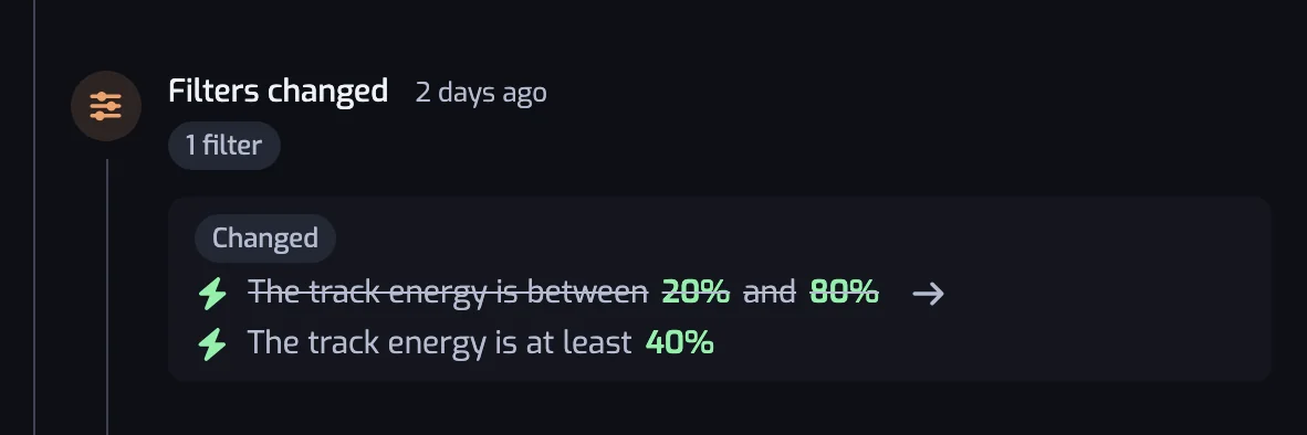 A Filters changed entry showing an edited Energy filter, with the previous range struck through and the new one after an arrow
