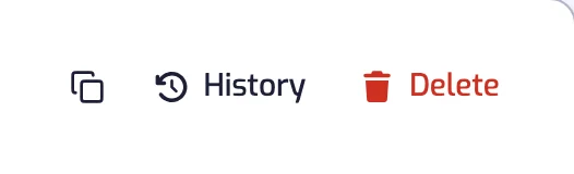 The copy-link, History and Delete icons at the end of the action row of a playlist page