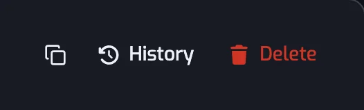 The copy-link, History and Delete icons at the end of the action row of a playlist page
