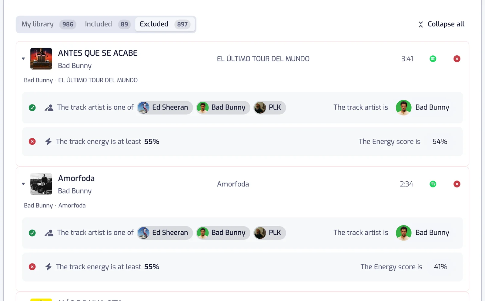 The Excluded tab with Collapse all on: each track row shows its filters, a green check on the artist filter and a red cross on the energy filter, with the track's Energy score