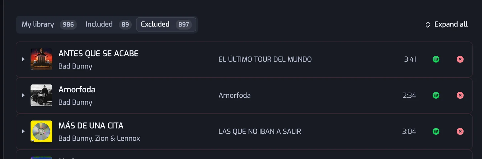 The Excluded tab selected: every row ends with a red cross