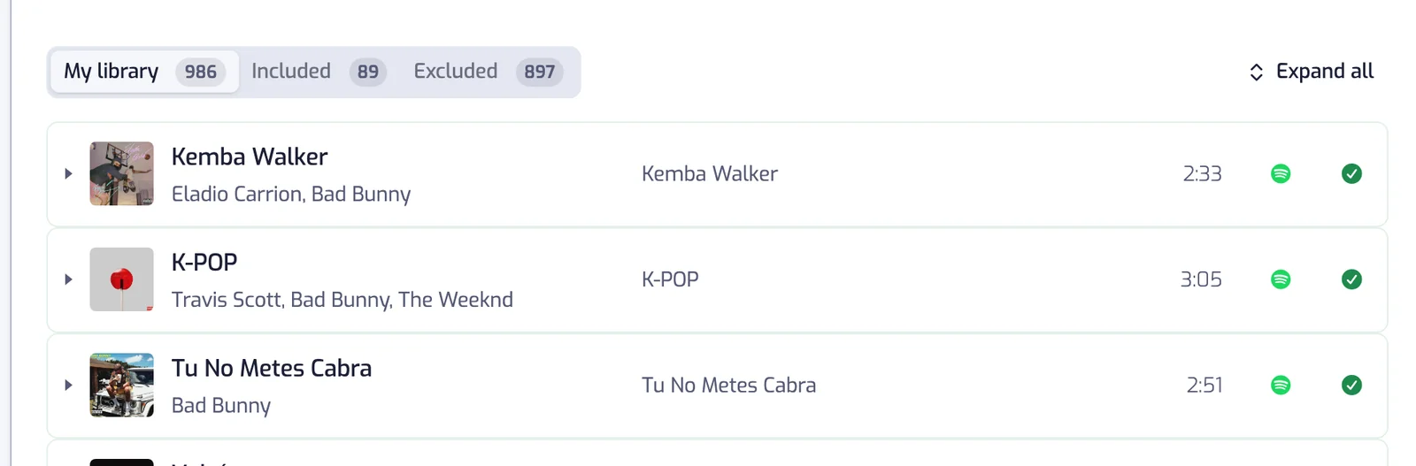 The My library tab selected, with its count, above the first track rows