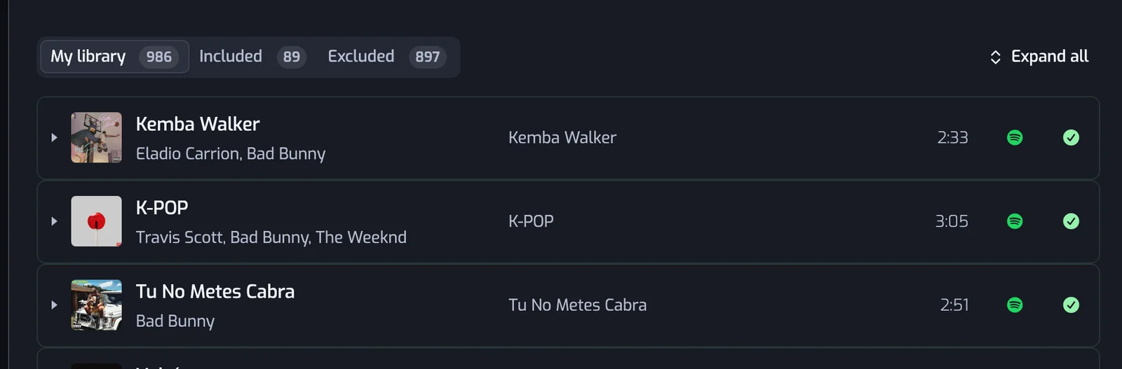 The My library tab selected, with its count, above the first track rows