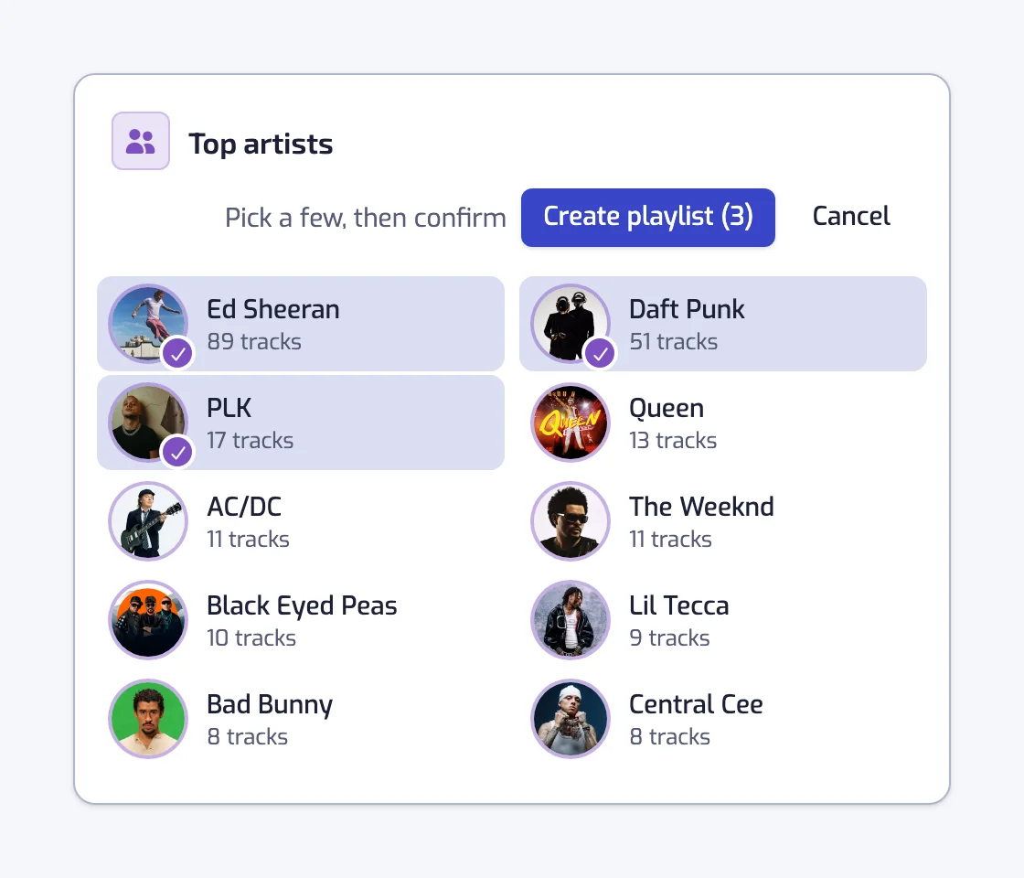 The Top artists card on the Stats page in selection mode, with three artists checked and the Create playlist (3) button