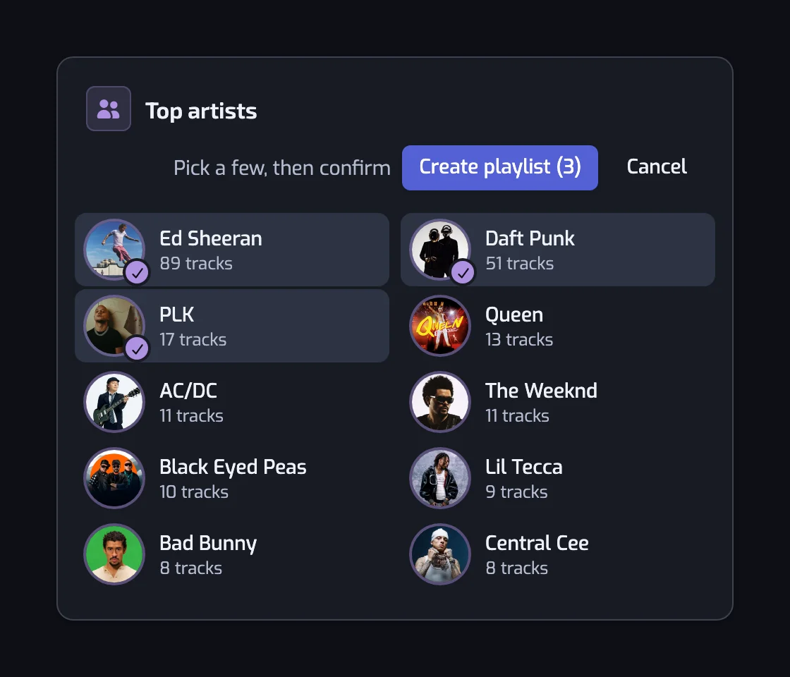 The Top artists card on the Stats page in selection mode, with three artists checked and the Create playlist (3) button