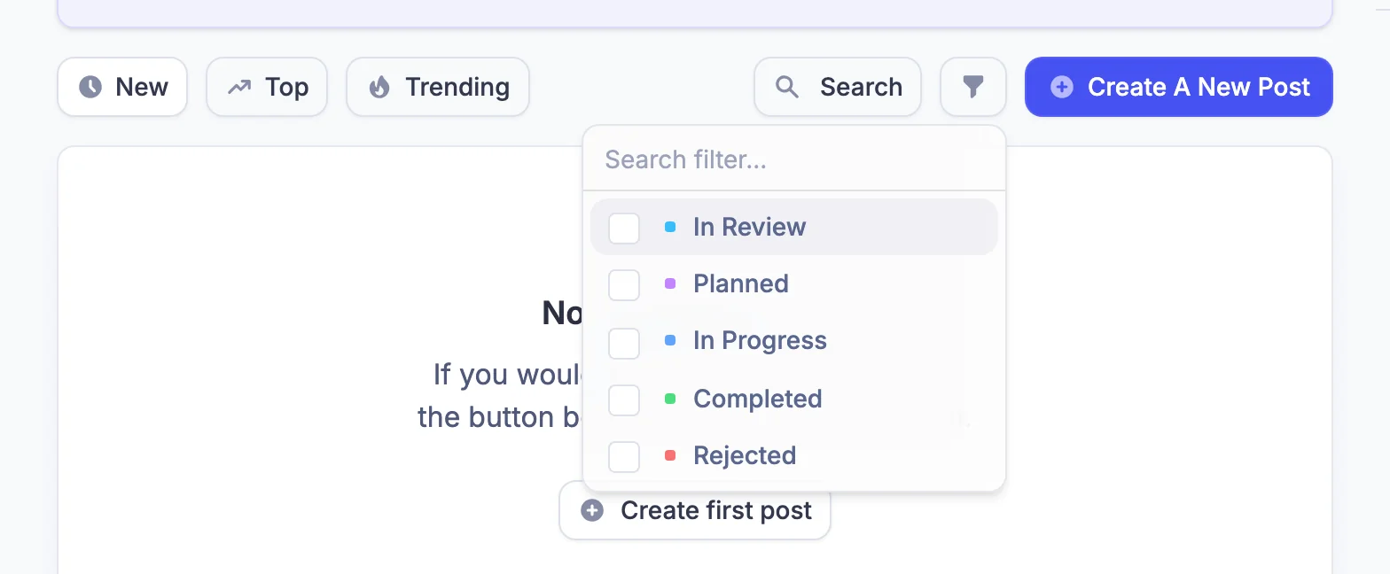 Der Status-Filter auf dem Feedback-Board mit In Review, Planned, In Progress, Completed und Rejected