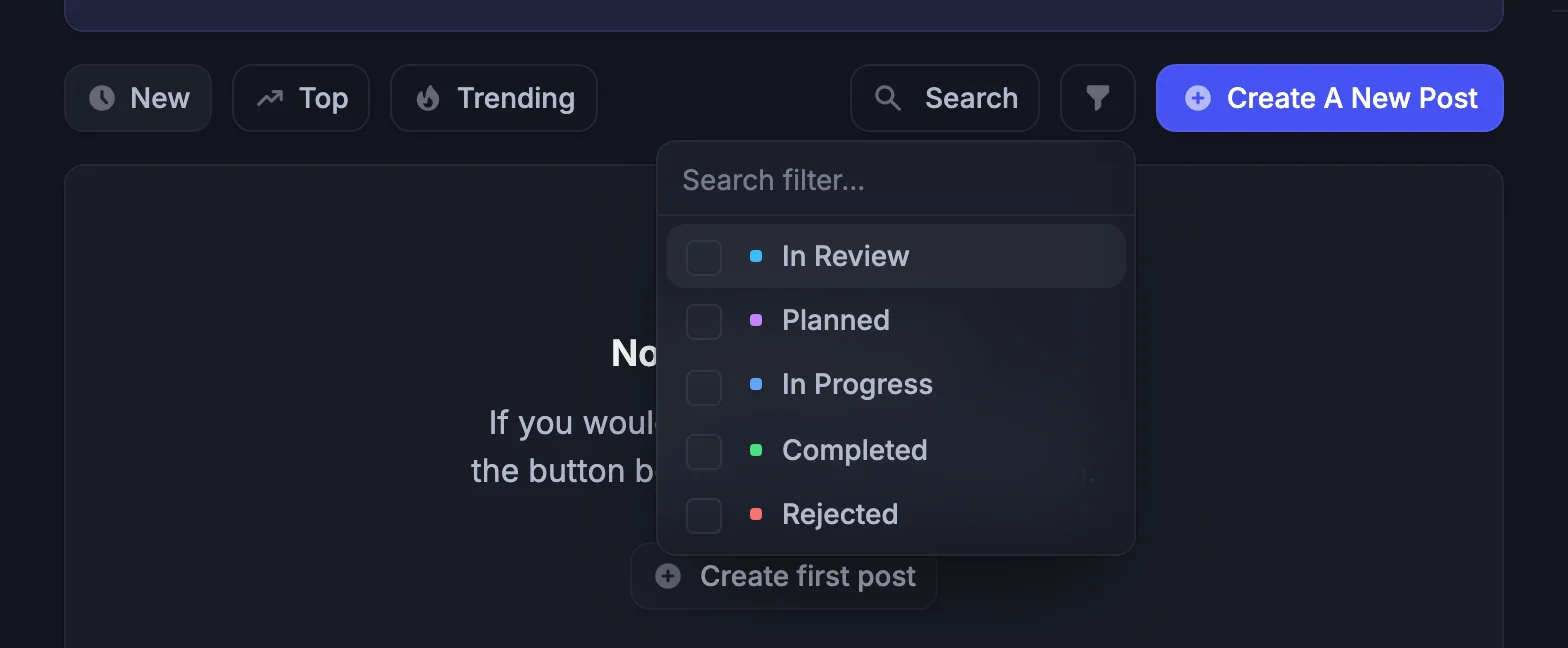 Der Status-Filter auf dem Feedback-Board mit In Review, Planned, In Progress, Completed und Rejected