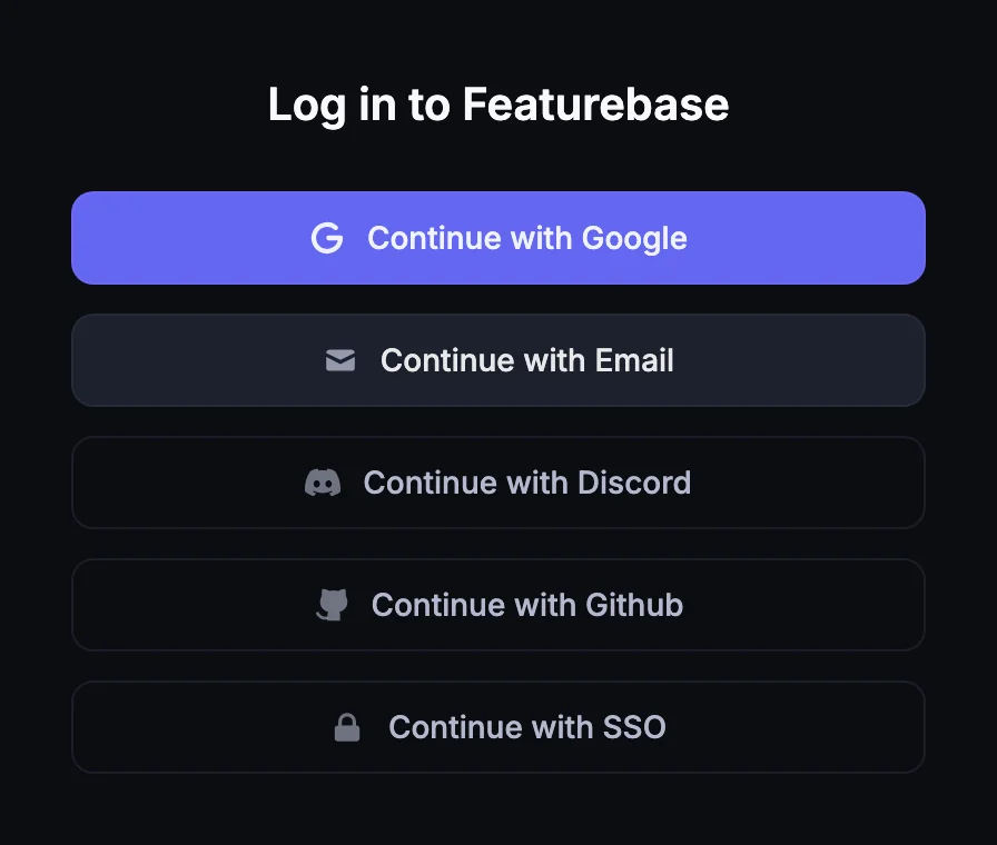 Die Anmeldeseite des Portals mit Continue with Google, Email, Discord, Github und SSO