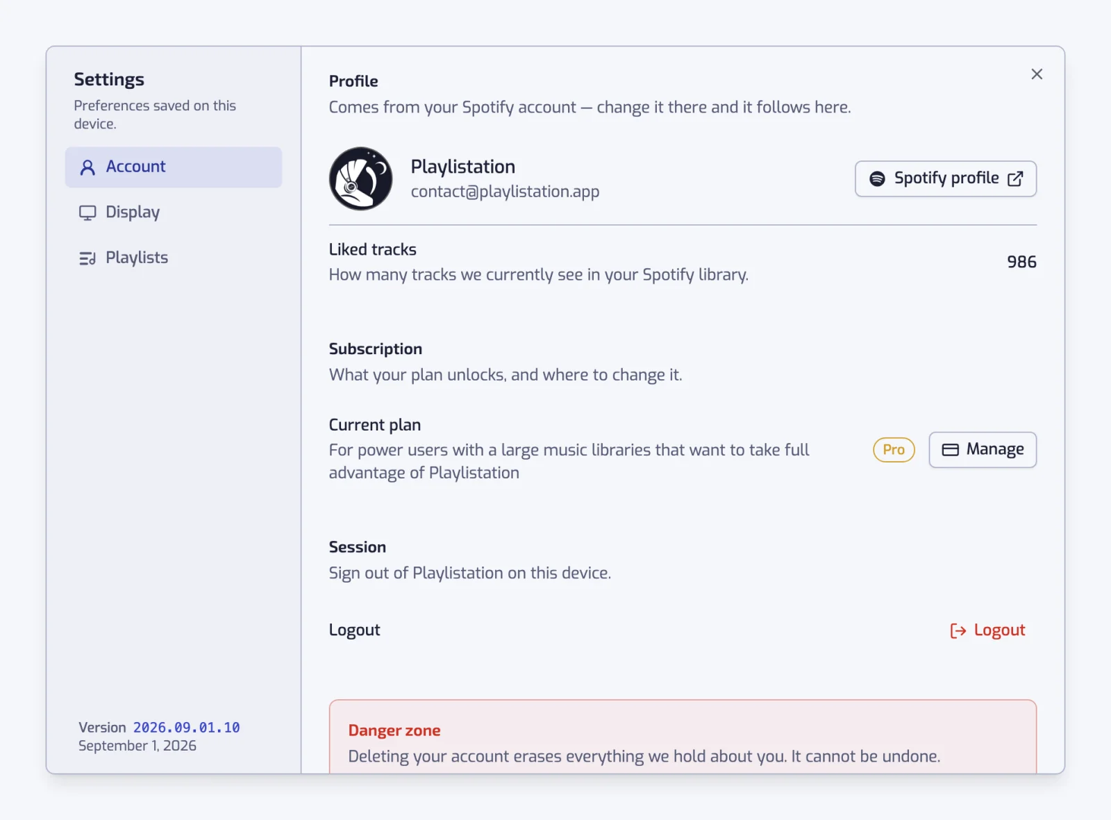 The settings dialog open on the Account section, with the Account, Display and Playlists sections listed on the left