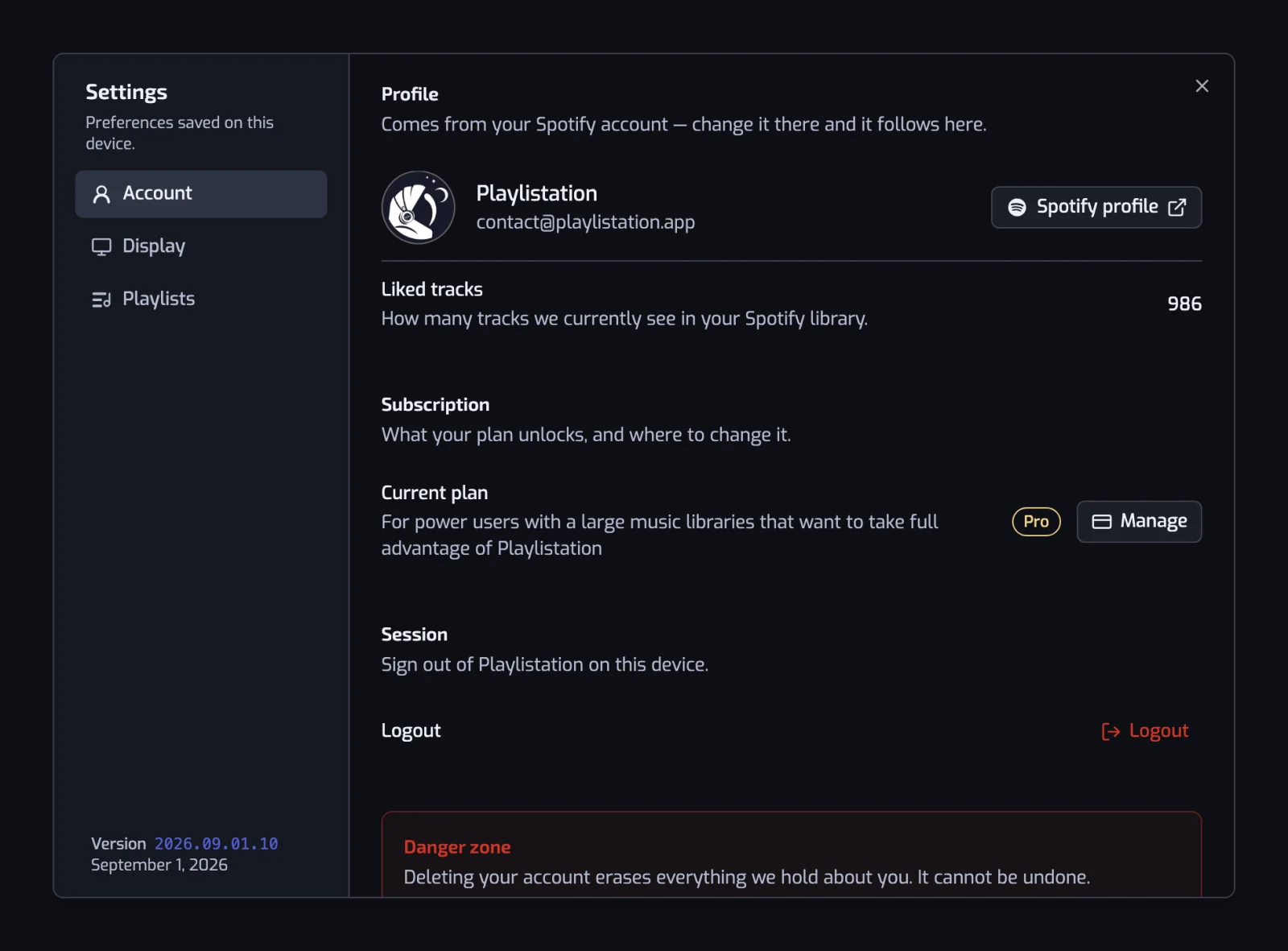 The settings dialog open on the Account section, with the Account, Display and Playlists sections listed on the left
