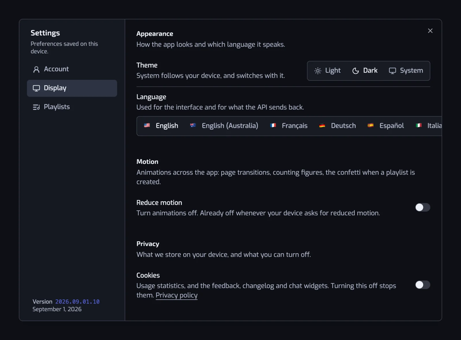 The Display section with the Theme and Language segmented controls, the Reduce motion switch and the Cookies switch under Privacy