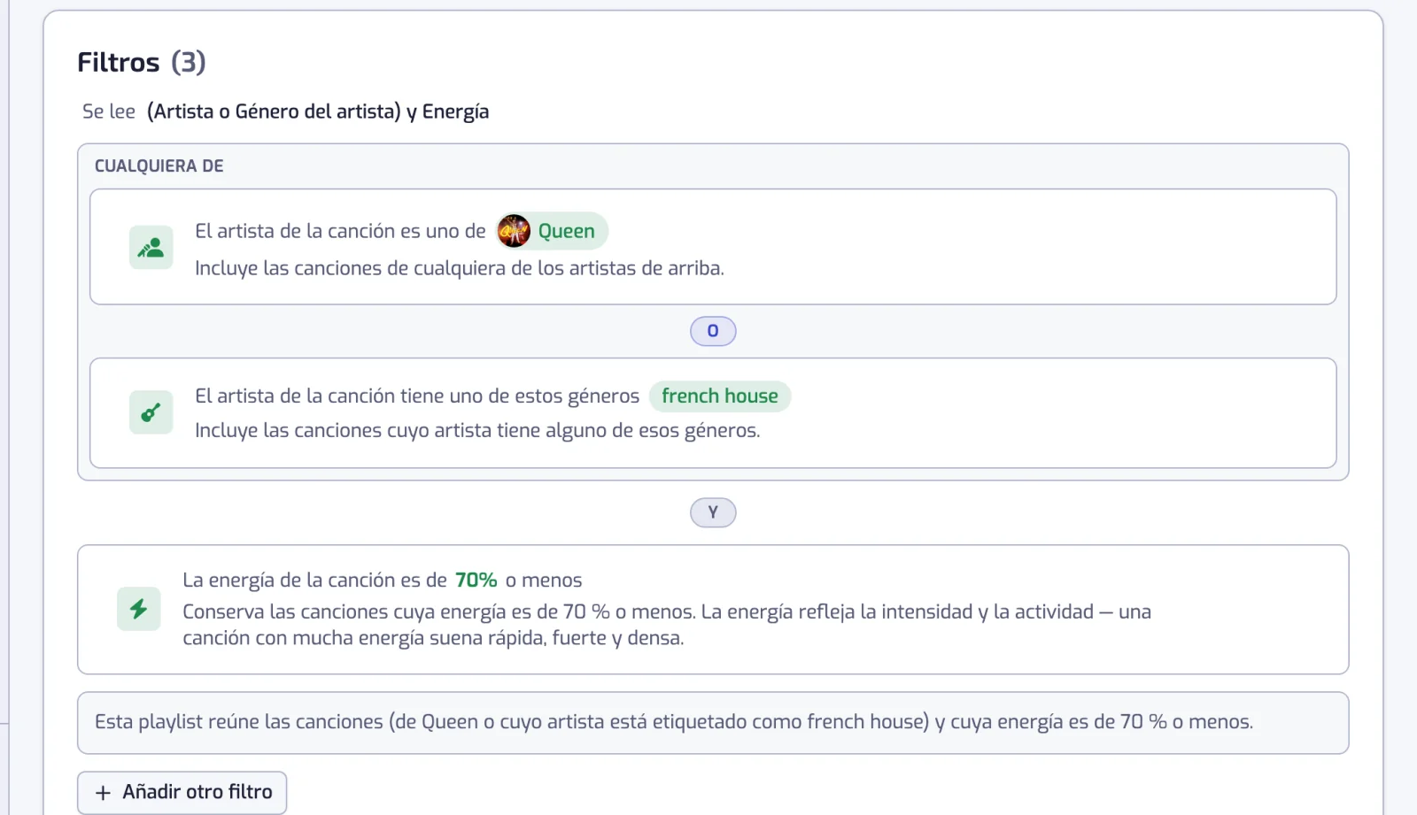 Una lista de filtros con una píldora Y entre dos filas y un recuadro Cualquiera de que agrupa dos filtros unidos por O