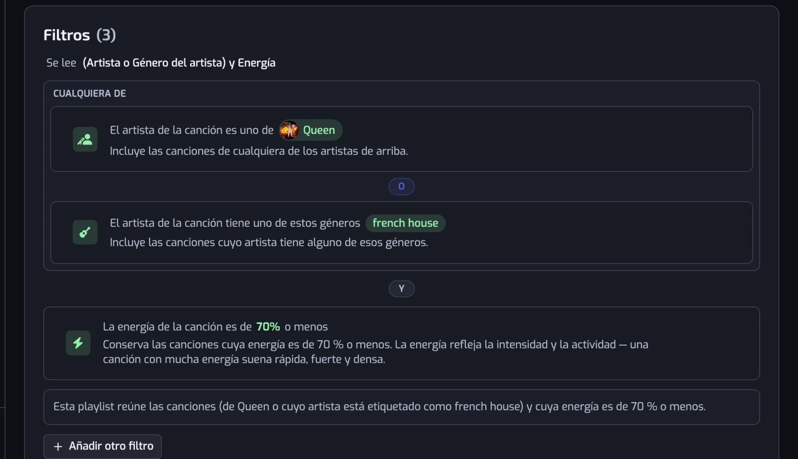 Una lista de filtros con una píldora Y entre dos filas y un recuadro Cualquiera de que agrupa dos filtros unidos por O