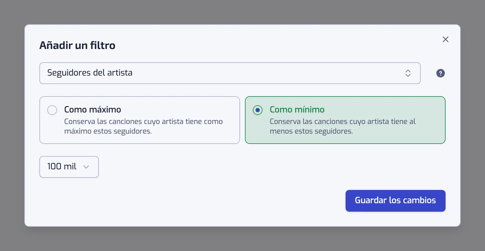 El diálogo Añadir un filtro con el cuadro de tipo de filtro, las tarjetas de operador y el control de valor