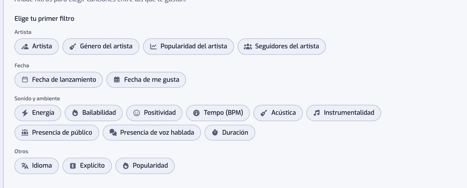 La página Nueva playlist con los tipos de filtro como botones, agrupados en Artista, Fecha, Sonido y ambiente y Otros