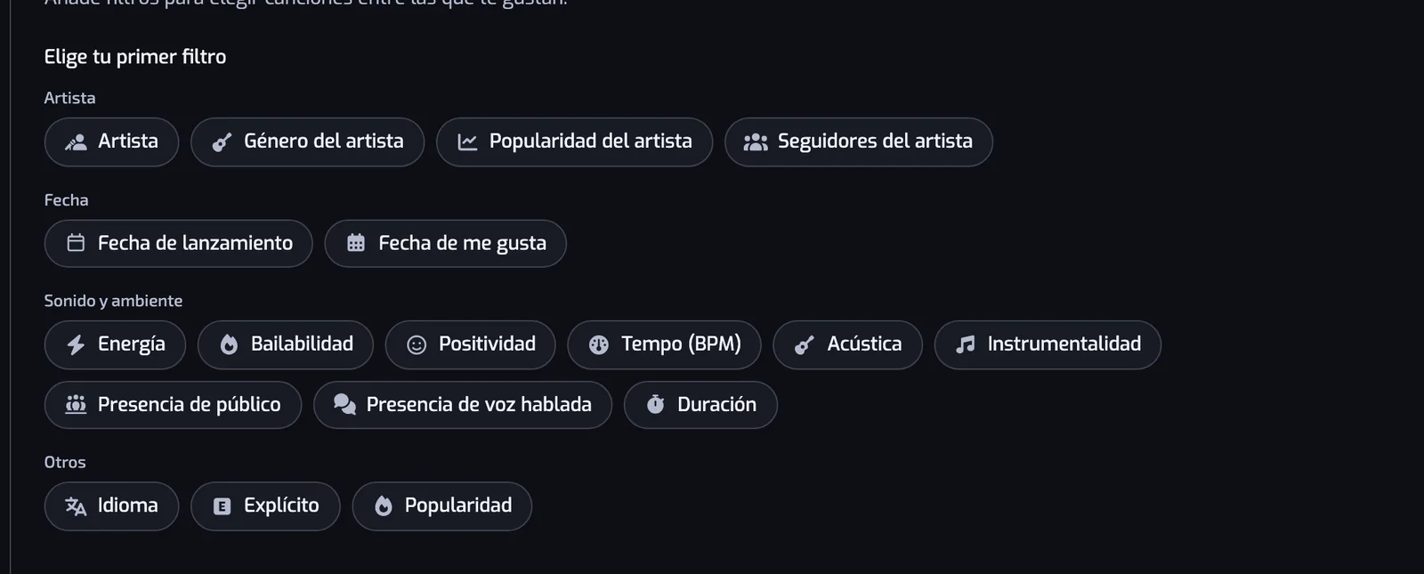 La página Nueva playlist con los tipos de filtro como botones, agrupados en Artista, Fecha, Sonido y ambiente y Otros