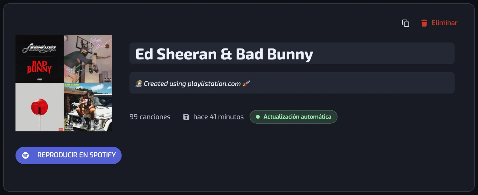 Una página de playlist: portada, nombre y descripción editables, recuento de canciones, estado de sincronización y el botón REPRODUCIR EN SPOTIFY