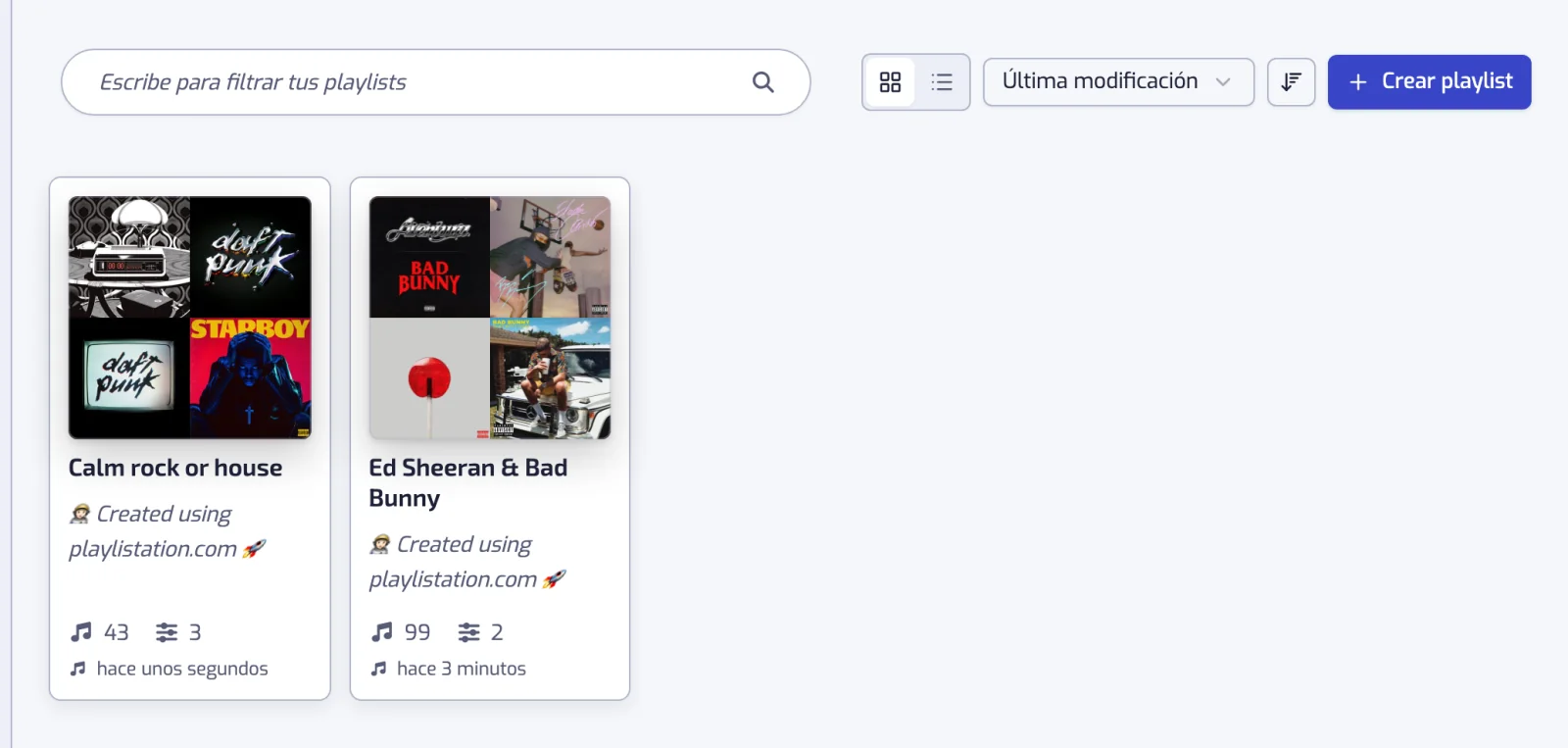La página Playlists en vista de cuadrícula con el cuadro de búsqueda, el conmutador de vista y los controles de orden