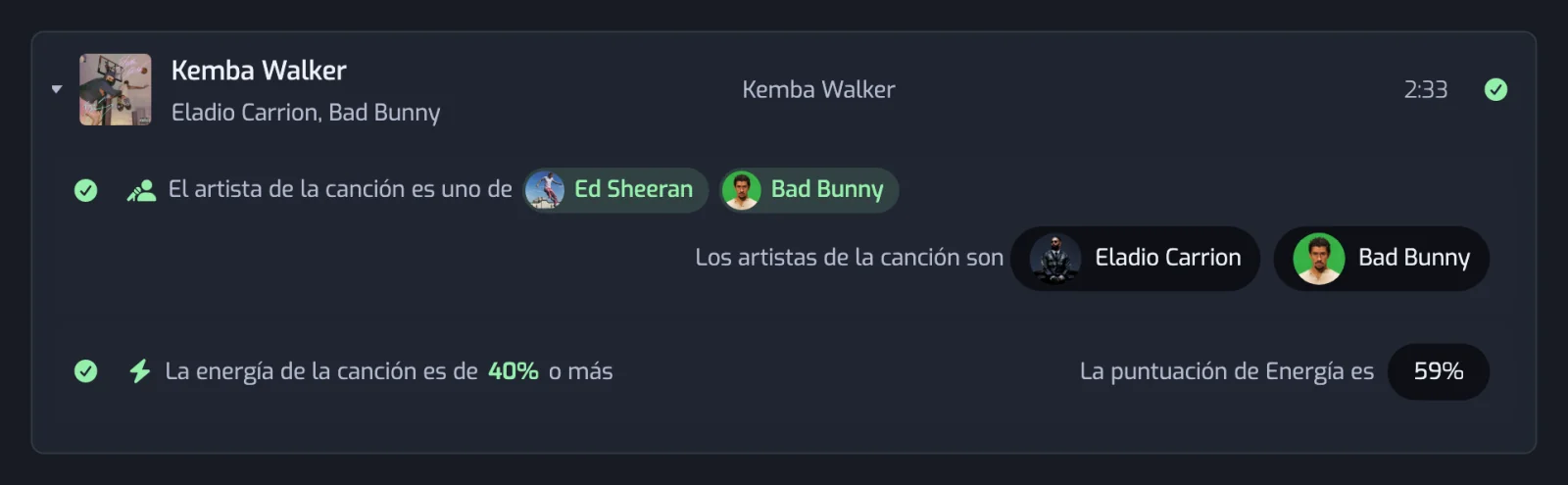 Una fila de canción desplegada que muestra una línea por filtro, cada una con una marca de pasa o no pasa y el valor que obtuvo la canción