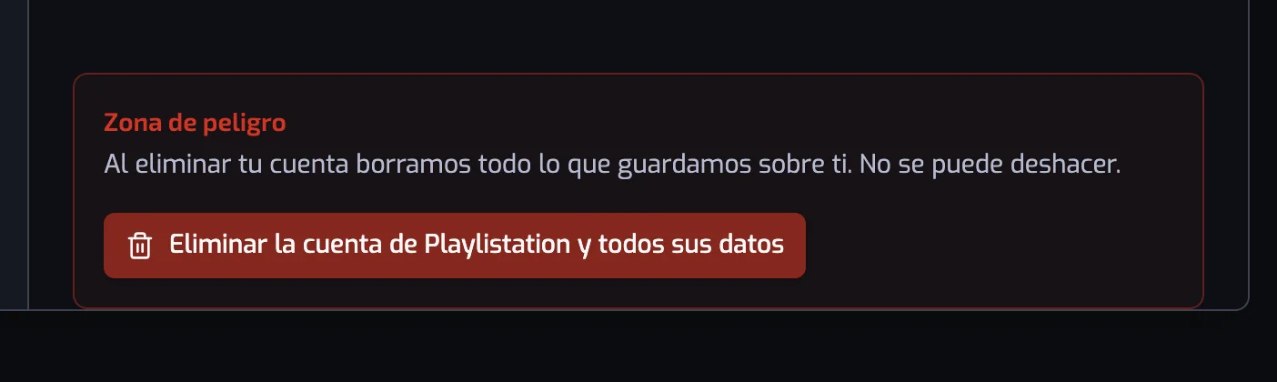 La Zona de peligro al final de los ajustes de Cuenta con el botón Eliminar la cuenta de Playlistation y todos sus datos