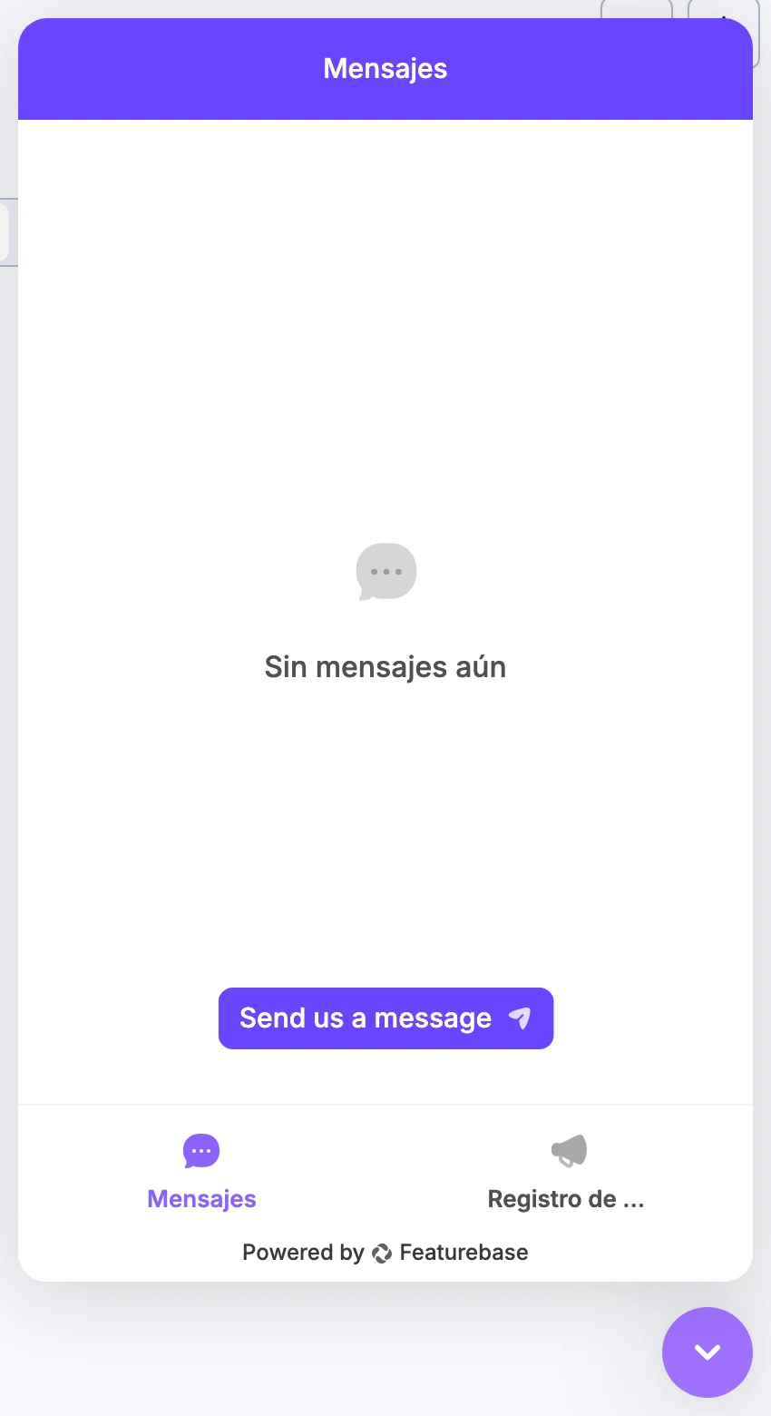 La burbuja de chat en la esquina inferior de la app, con el panel de conversación abierto