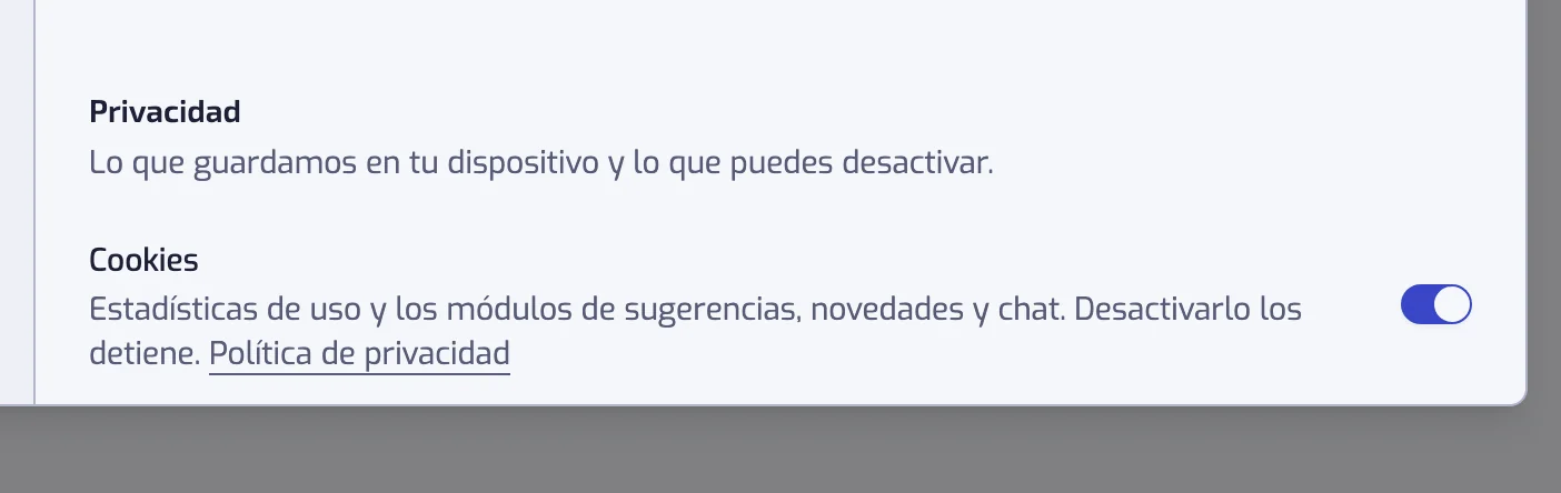 El encabezado Privacidad de la sección de ajustes Visualización, con el interruptor Cookies