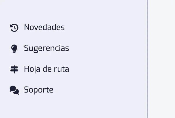 La parte inferior de la barra lateral de la app con las filas Novedades, Sugerencias, Hoja de ruta y Soporte