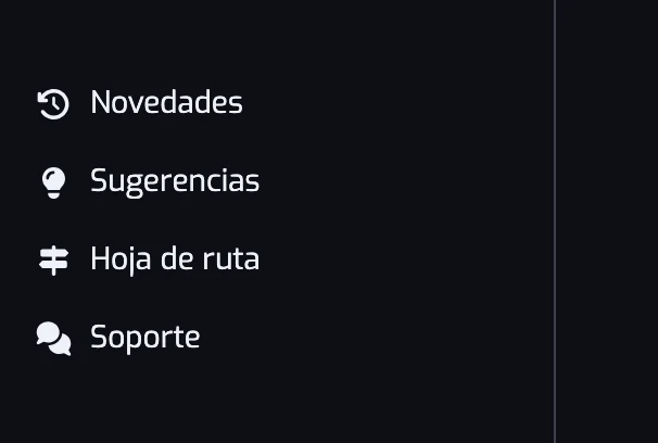 La parte inferior de la barra lateral de la app con las filas Novedades, Sugerencias, Hoja de ruta y Soporte