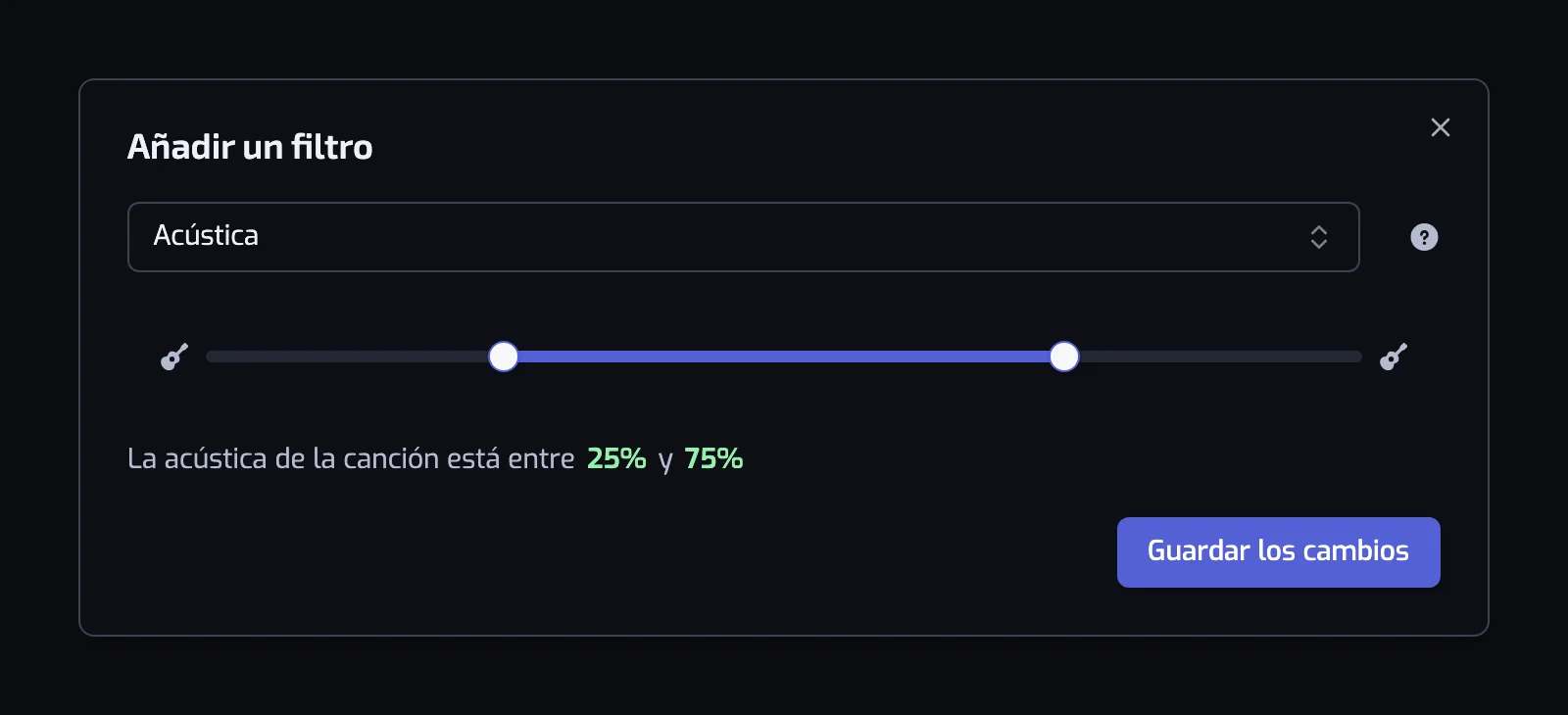 El diálogo del filtro Acústica con su control deslizante de dos tiradores