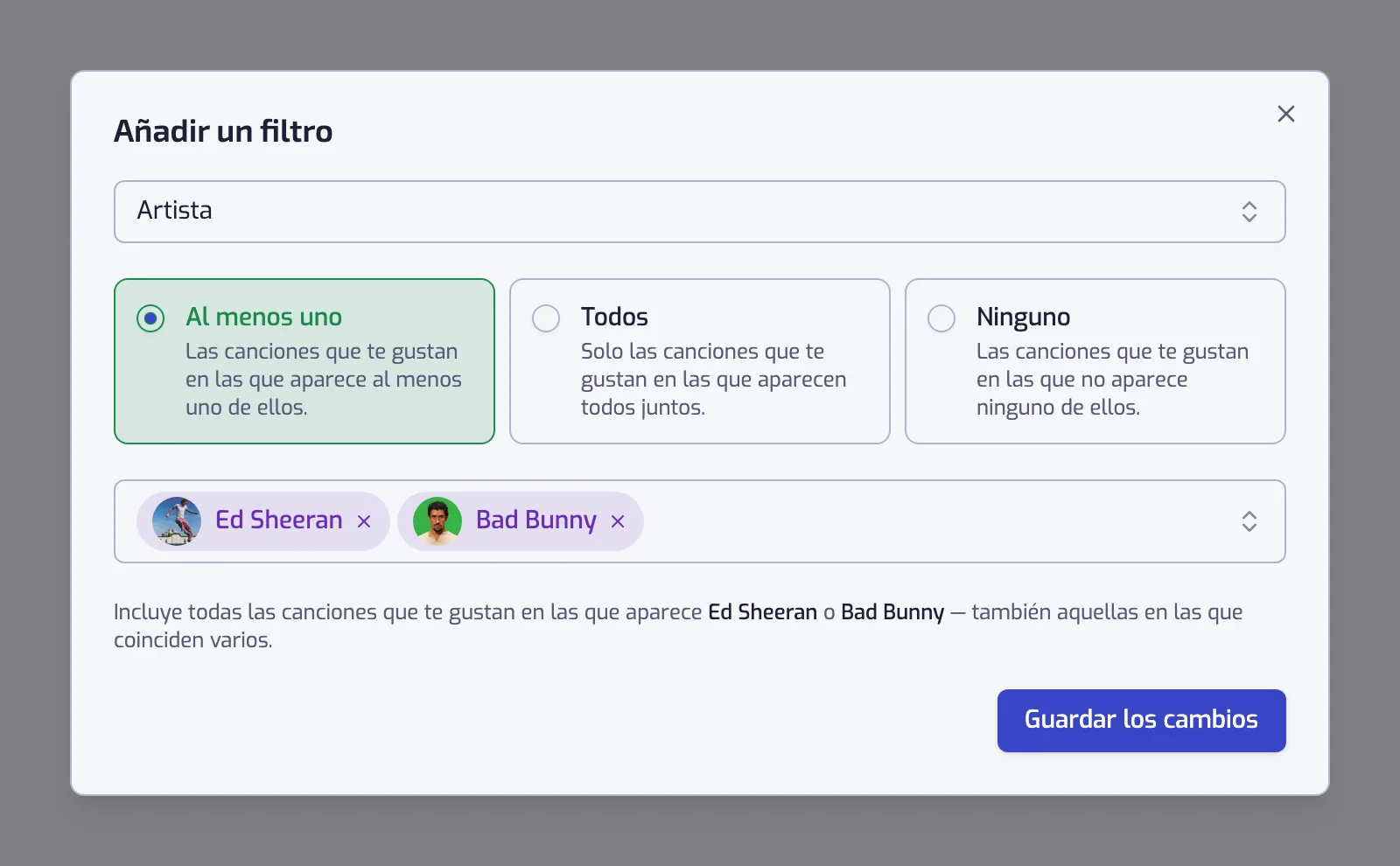 El diálogo del filtro Artista con las tarjetas Al menos uno, Todos y Ninguno y dos artistas seleccionados