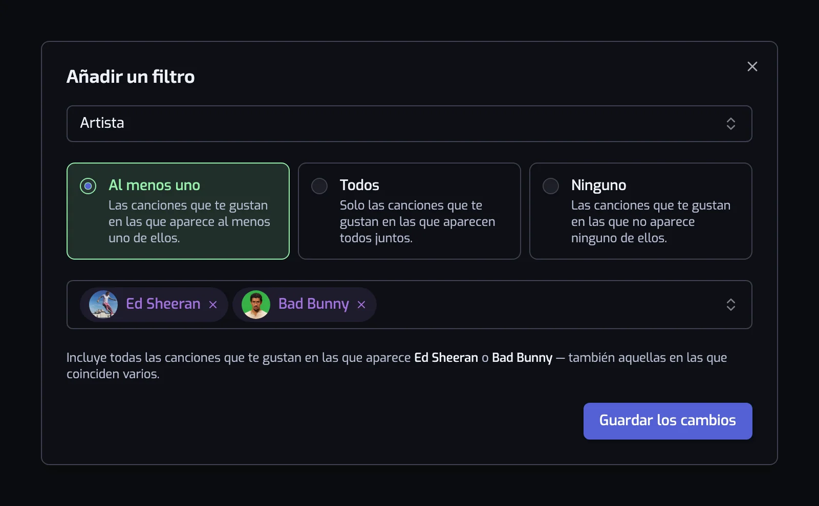 El diálogo del filtro Artista con las tarjetas Al menos uno, Todos y Ninguno y dos artistas seleccionados