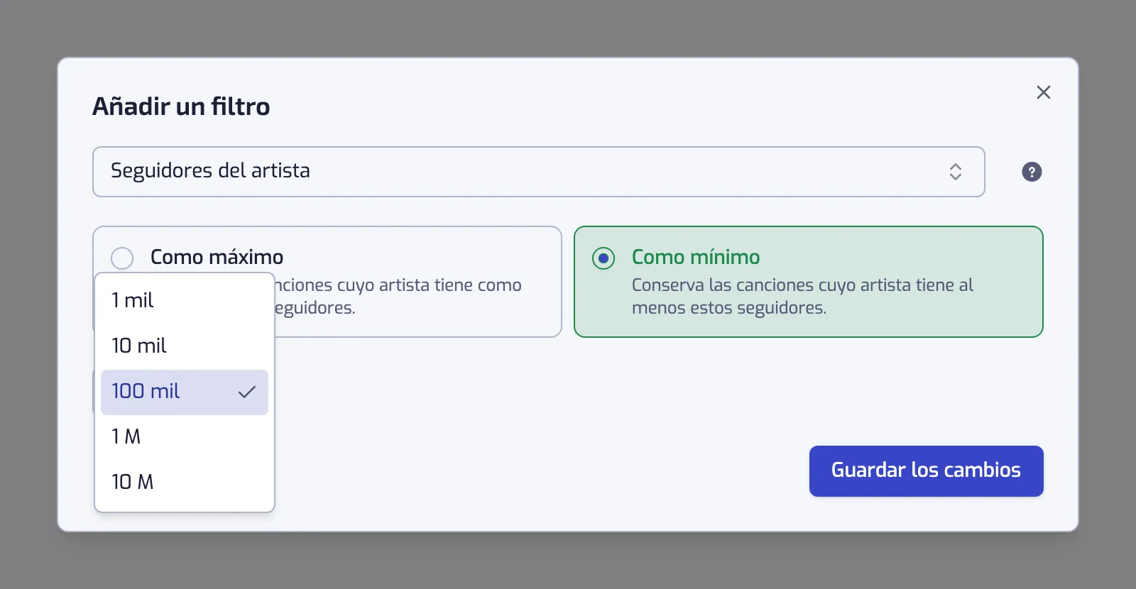 El diálogo del filtro Seguidores del artista con las tarjetas Como mínimo y Como máximo y la lista de número de seguidores abierta