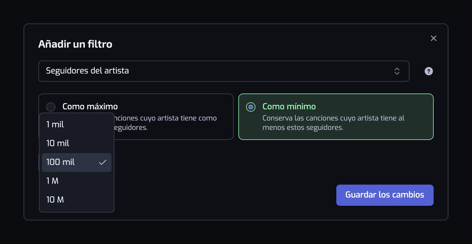 El diálogo del filtro Seguidores del artista con las tarjetas Como mínimo y Como máximo y la lista de número de seguidores abierta